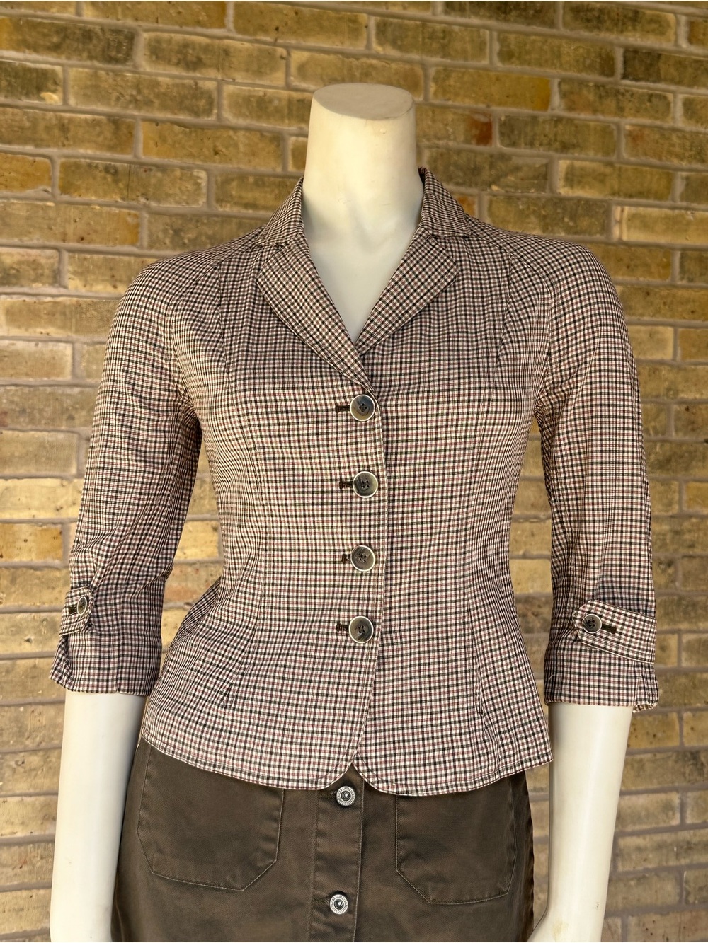 AK Anne Klein Vintage Plaid Fitted Blazer PP Petite 3/4 Sleeve Preppy